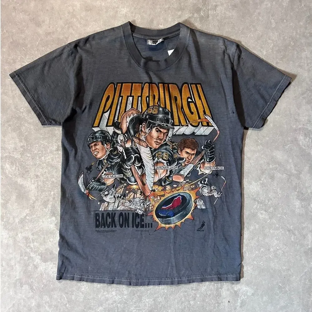 90s Vintage Pittsburgh Penguins Caricature Gray T Shirt -M